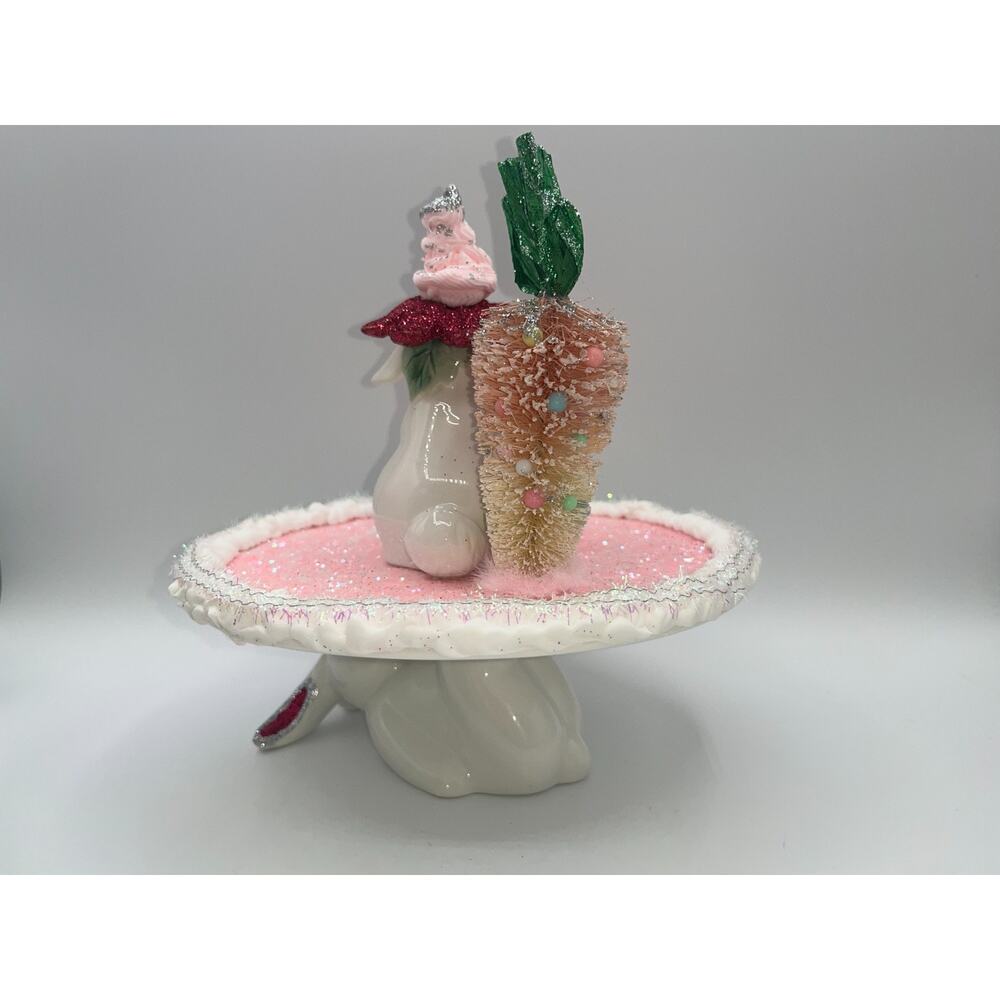 Vintage Ceramic Bunny Sitting on Cake Stand Bottle Brush Carrott Tree Flower Hat - Picture 13 of 16